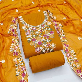 mustard embroidered rayon unstitched dress material  1