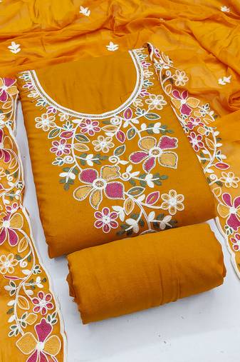 mustard embroidered rayon unstitched dress material 