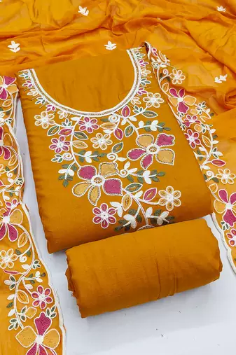 mustard embroidered rayon unstitched dress material 