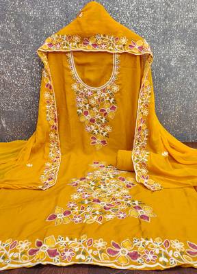 mustard embroidered rayon unstitched dress material  2