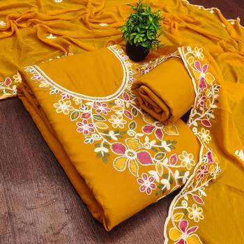 mustard embroidered rayon unstitched dress material  3