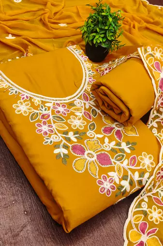 mustard embroidered rayon unstitched dress material 