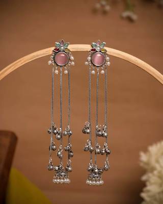 Oxidised Silver Look Long Chain Jhumka Earrings for Women with Artificial Stones & Pearl Drops 1