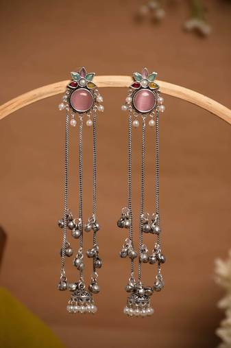 Oxidised Silver Look Long Chain Jhumka Earrings for Women with Artificial Stones & Pearl Drops