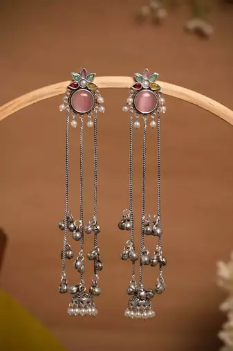 Oxidised Silver Look Long Chain Jhumka Earrings for Women with Artificial Stones & Pearl Drops
