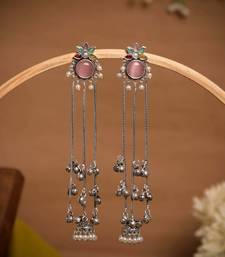 Oxidised Silver Look Long Chain Jhumka Earrings for Women with Artificial Stones & Pearl Drops