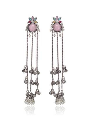 Oxidised Silver Look Long Chain Jhumka Earrings for Women with Artificial Stones & Pearl Drops 2