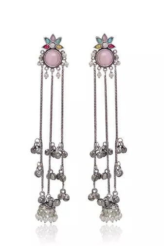 Oxidised Silver Look Long Chain Jhumka Earrings for Women with Artificial Stones & Pearl Drops