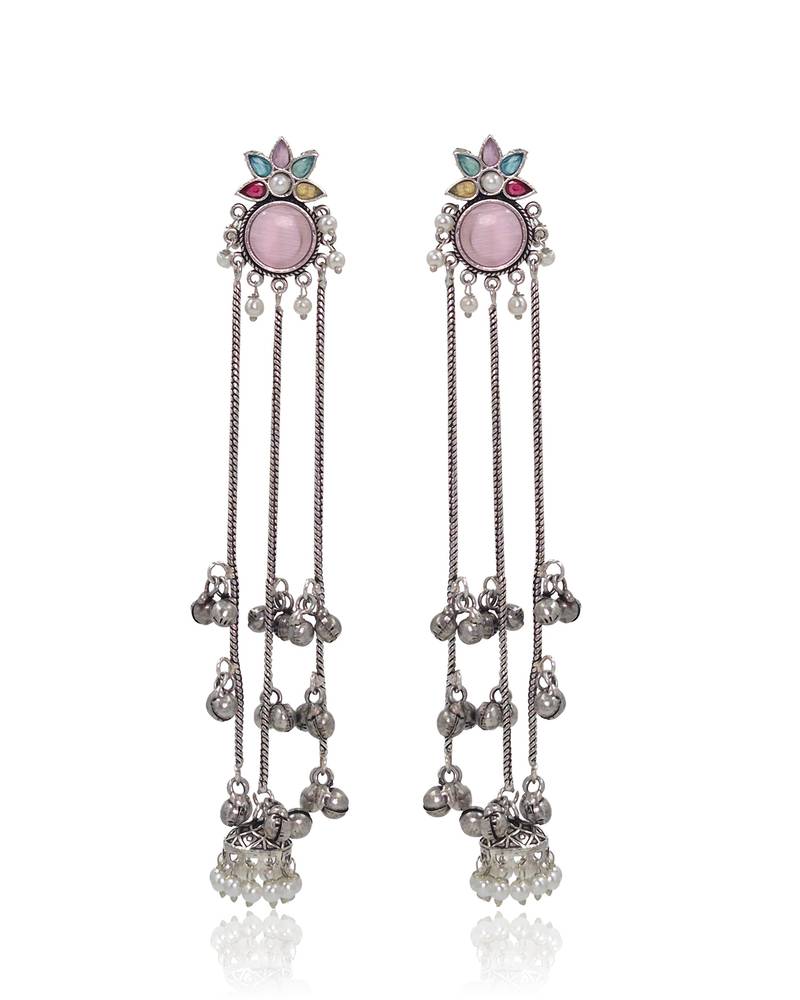 Oxidised Silver Look Long Chain Jhumka Earrings for Women with Artificial Stones & Pearl Drops
