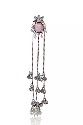 Oxidised Silver Look Long Chain Jhumka Earrings for Women with Artificial Stones & Pearl Drops