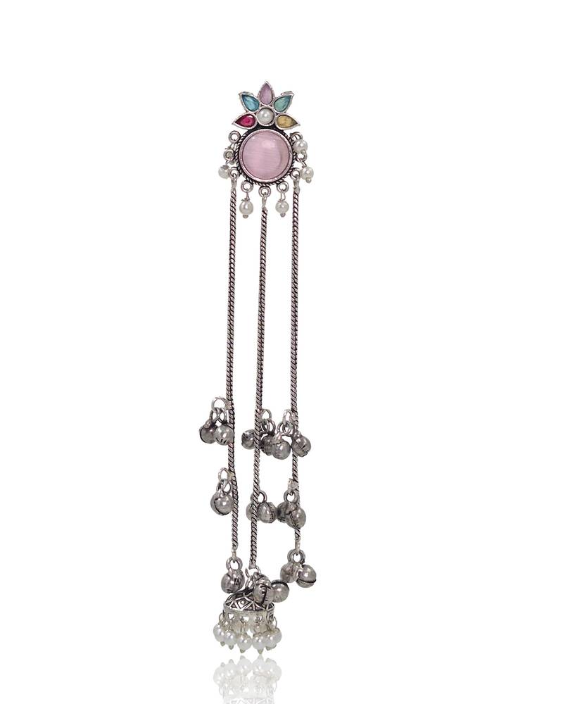Oxidised Silver Look Long Chain Jhumka Earrings for Women with Artificial Stones & Pearl Drops