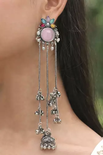 Oxidised Silver Look Long Chain Jhumka Earrings for Women with Artificial Stones & Pearl Drops
