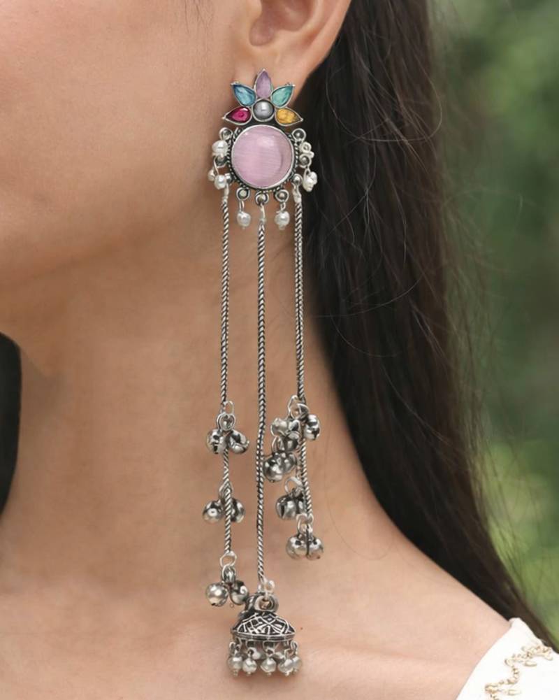 Oxidised Silver Look Long Chain Jhumka Earrings for Women with Artificial Stones & Pearl Drops