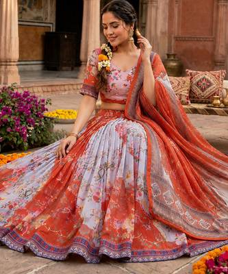 RED SEQUINS ZARI EMROIDERY WORK ORGANZA LEHENGA CHOLI SET FOR WOMEN'S 2