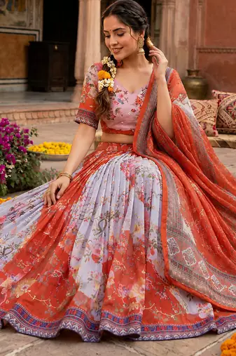 RED SEQUINS ZARI EMROIDERY WORK ORGANZA LEHENGA CHOLI SET FOR WOMEN'S
