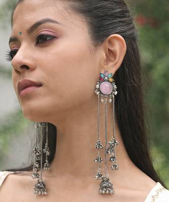 Oxidised Silver Look Long Chain Jhumka Earrings for Women with Artificial Stones & Pearl Drops 5
