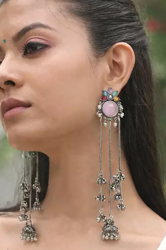 Oxidised Silver Look Long Chain Jhumka Earrings for Women with Artificial Stones & Pearl Drops