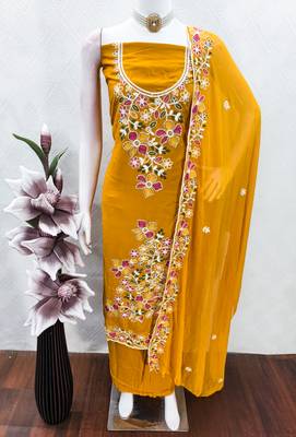mustard embroidered rayon unstitched dress material  4