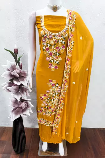 mustard embroidered rayon unstitched dress material 