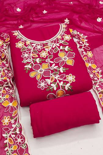 pink embroidered rayon unstitched dress material 