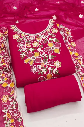 pink embroidered rayon unstitched dress material 