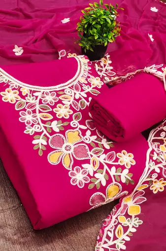 pink embroidered rayon unstitched dress material 