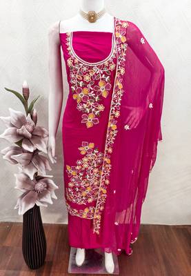 pink embroidered rayon unstitched dress material  4