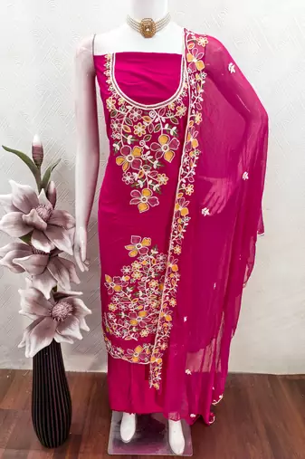 pink embroidered rayon unstitched dress material 