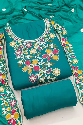 sky blue embroidered rayon unstitched dress material 