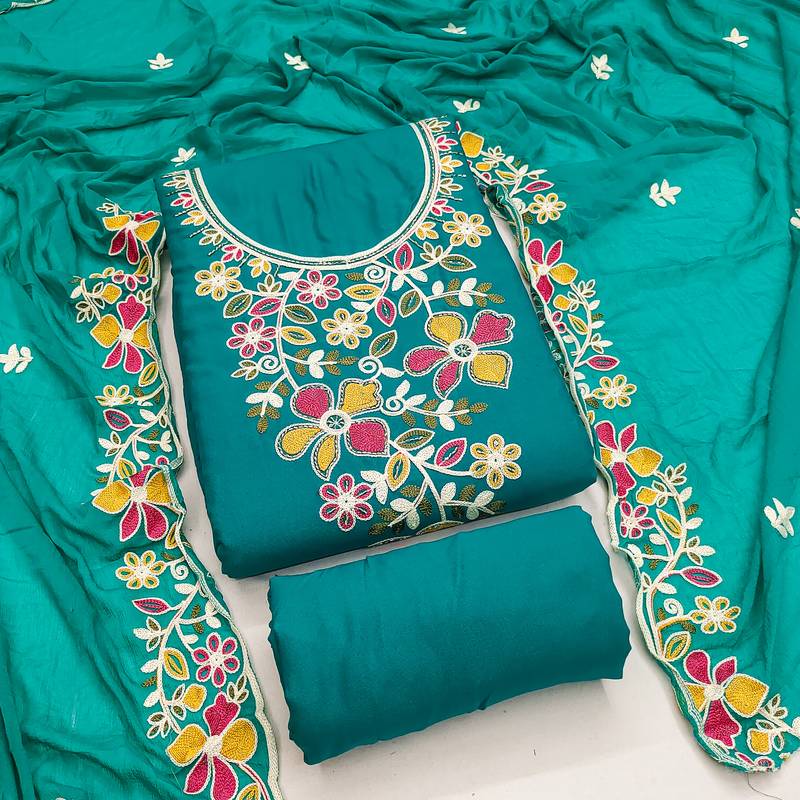sky blue embroidered rayon unstitched dress material 