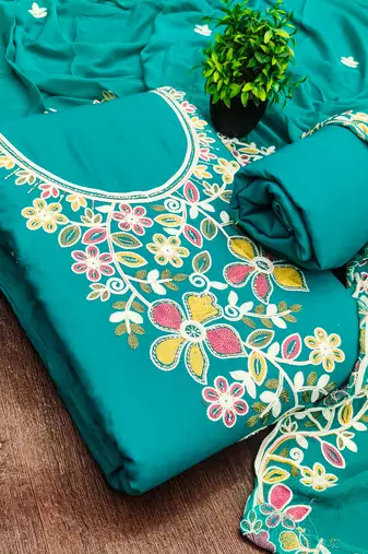 sky blue embroidered rayon unstitched dress material 