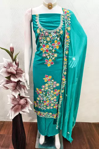 sky blue embroidered rayon unstitched dress material 
