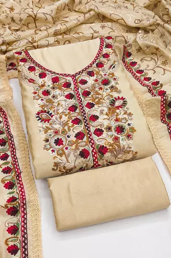 beige embroidered roman silk unstitched dress material 