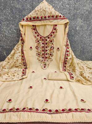 beige embroidered roman silk unstitched dress material  2