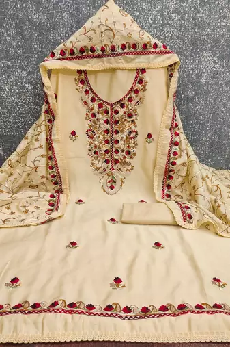beige embroidered roman silk unstitched dress material 