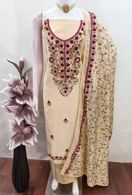 beige embroidered roman silk unstitched dress material  3