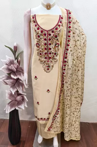 beige embroidered roman silk unstitched dress material 