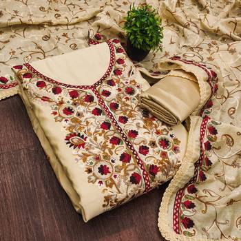 beige embroidered roman silk unstitched dress material  4