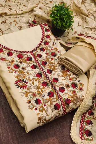 beige embroidered roman silk unstitched dress material 