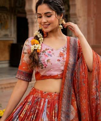 RED SEQUINS ZARI EMROIDERY WORK ORGANZA LEHENGA CHOLI SET FOR WOMEN'S 3