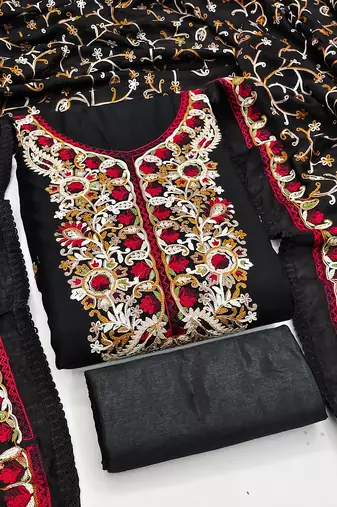 black embroidered roman silk unstitched dress material 