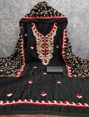 black embroidered roman silk unstitched dress material  2