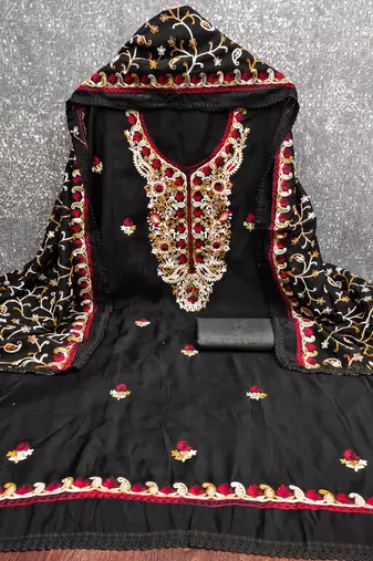black embroidered roman silk unstitched dress material 