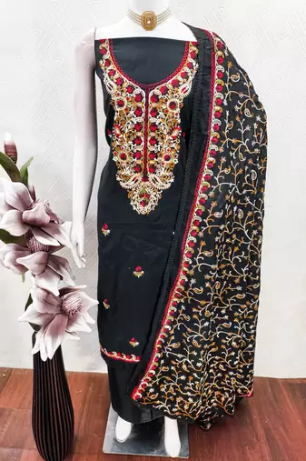 black embroidered roman silk unstitched dress material 