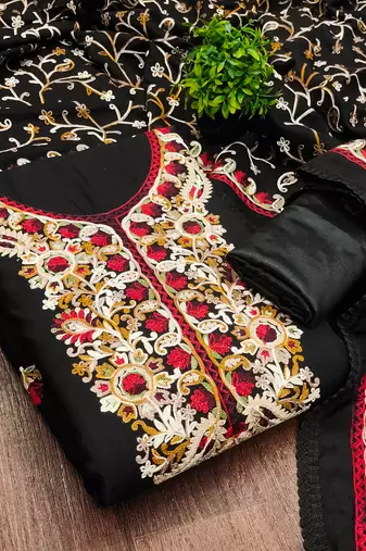 black embroidered roman silk unstitched dress material 