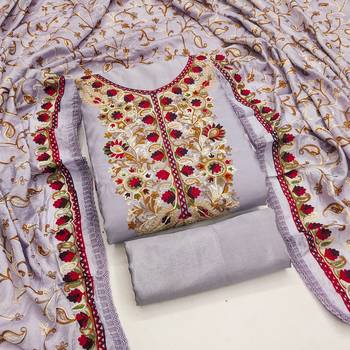 lavender embroidered roman silk unstitched dress material  1