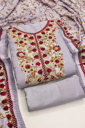 lavender embroidered roman silk unstitched dress material 