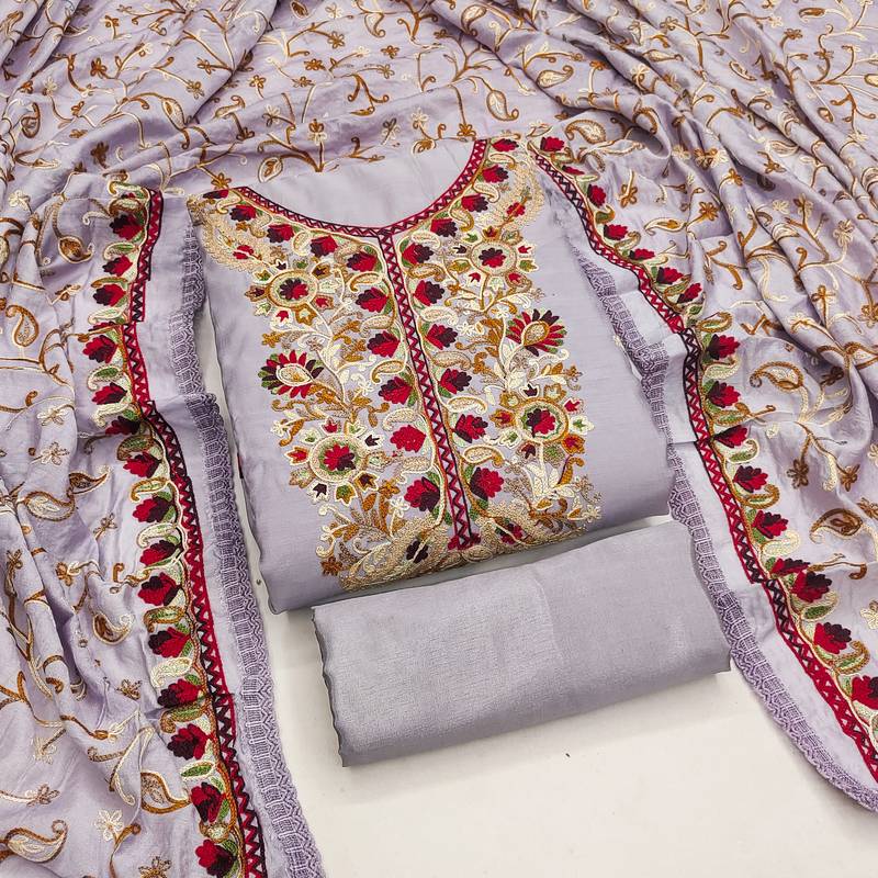 lavender embroidered roman silk unstitched dress material 