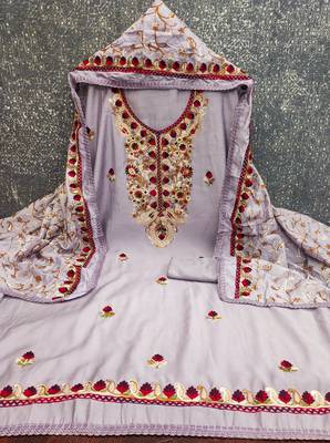 lavender embroidered roman silk unstitched dress material  2