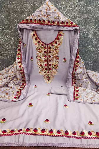 lavender embroidered roman silk unstitched dress material 